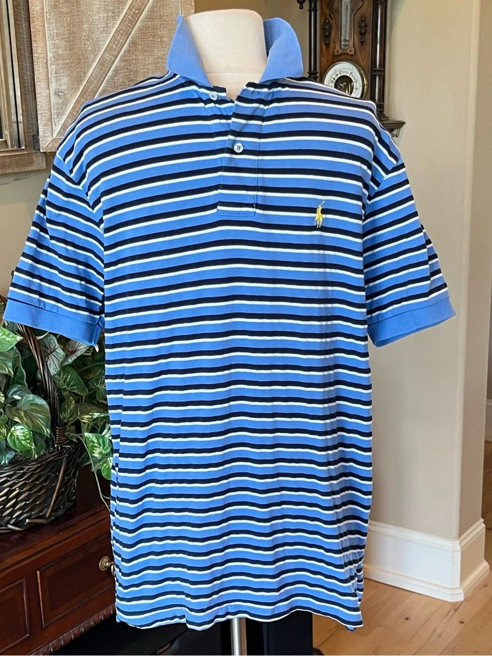 Ralph Lauren Blue with Black and White Striped Polo with Yellow Pony